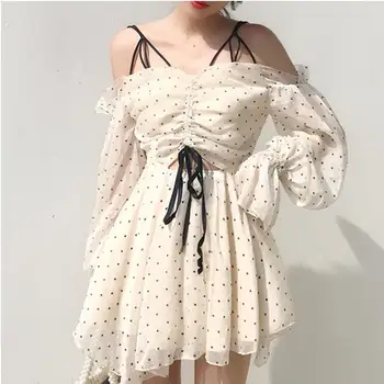 Korėjos stiliaus suknelė moterų polka dot ilgomis rankovėmis raišteliu spageti seksualus off peties skylę šifono suknelė - 