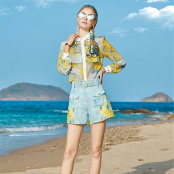 Mada Vasarą Dizaineris Moterų Rinkiniai, Beach Party, Žavinga, Žavinga Diamond Atvartas Pynimas Marškinėliai + Tendencija Spausdinti Šortai Dviejų Dalių Kostiumai - 