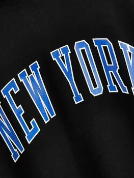 Derliaus Amerikos Juoda Raidė, NEW YORK Blue Print Hoodies Moterys ilgomis Rankovėmis Prarasti Atsitiktinis Streetwear Merginos Rudenį Plius Dydis Viršūnės - 