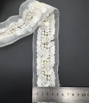 2Yards Baltos Puošnios China 3D Gėlių Nėrinių Apdaila Crystal Pearl Juostelę Siuvimo, Drabužių Apykaklės Priedai Akių Nėrinių Apdaila - 