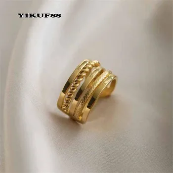 YIKUF88 Moterų Žiedas varinis tikro aukso multi-layer susiuvimo žiedas moterų kanapių gėlių grandinės dryžuotas kelių atidaryti piršto žiedą - 