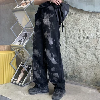 Moterų Džinsus 2021 M. Pavasarį Naujas Harajuku Streetwear Didelis Juosmens Derliaus Baggy Tiesiai Džinsinio audinio Kelnių Kaklaraištis Dažų Black Wide Kojų Kelnės - 