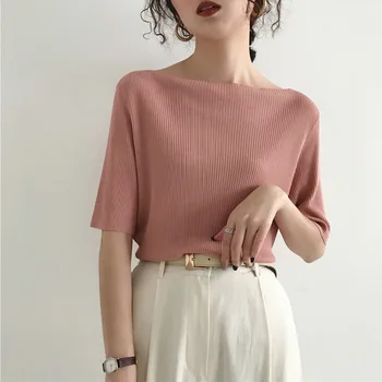 Off peties viršaus moteriški drabužiai temperamentas mezgimo pusė rankovės dizaino mažumų vasaros ledo šilko trumpomis rankovėmis T-shirt - 