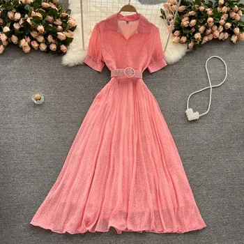 Vasaros elegantiška suknelė su diržo 2021 temperamentas POLO apykakle plonas ilgas klostuotas šifono saldus polka-dot suknelė moterims Bohemijos suknelė - 