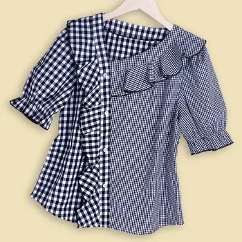 2021 Naujas Mados Vasaros Moterų Marškiniai, Elegantiškas Trumpas Sluoksniuotos Rankovėmis V-Kaklo Palaidinė Korėjos Moterų Atsitiktinis Palaidų Plaid Marškinėliai Topai L293 - 