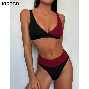 INGAGA Push Up Seksualus Bikini maudymosi Kostiumėliai, Briaunoti Moterų maudymosi kostiumėlį Aukšto Juosmens Maudymosi Kostiumą, 2021 Kratinys Biquini Aukštos Sumažinti Bikini Komplektas - 
