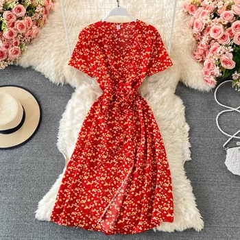 Raudonos spalvos elegantiškas, seksualus Paplūdimio Suknelė moterims 2021 m. vasaros paplūdimio V-kaklo polka dot midi suknelė juosmens padalinta suknelė vestidos de fiesta drabužiai - 