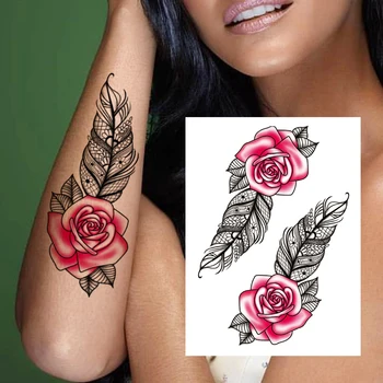Plunksnų Gėlių, Rožių Laikinos Tatuiruotės Moterys Vyrai Suaugusiųjų Užmaskuotas Gangsteris Tatuiruotės Lipdukas 