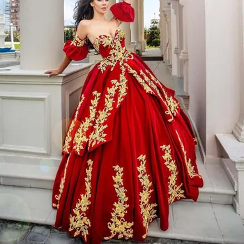 Raudona arabų Satino Vakaro Suknelės Kamuolys Suknelė nuo Peties Nėrinių Aplikacijos Vestuves Chalatai Tradicinių Kosovo vestidos 2021 - 