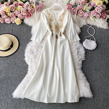 Ilgomis Rankovėmis Rudenį 2021 Šalies Prabanga Pavasario Tako-Line Suknelė Siuvinėjimų Suknelės Moterims Derliaus Elegantiškas Aukštos Juosmens - 