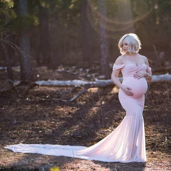 Moterų Shoulderless Motinystės Suknelės Už Nuotrauką Šaudyti Maxi Suknelė Padalinta Pusėje Moteris Nėščia Fotografijos Rekvizitai Ilgai Nėštumo Suknelė - 