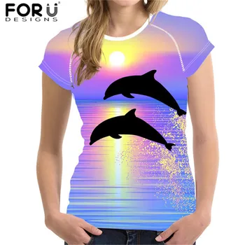 FORUDESIGNS Moterų Atsitiktinis Marškinėliai Topai Gražus Delfinų 3D Atspausdintas Karštą Vasaros trumpomis Rankovėmis Tees Derliaus Roupas Feminina Drabužiai - 