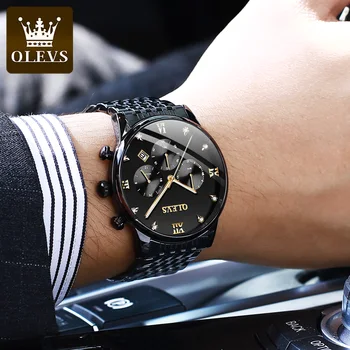 OLEVS Sporto Chronograph Mens Watches Top Brand Prabanga Full Steel Kvarcinis Laikrodis atsparus Vandeniui Black Dial Watch Vyrų Relogio Masculino - 