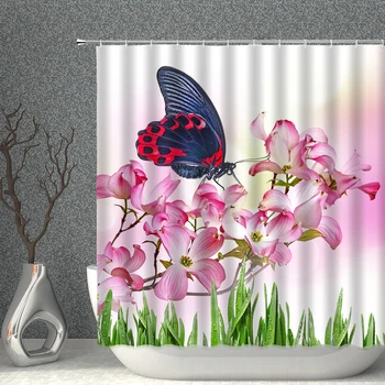 Butterfly Dušo Užuolaidos Violetinė Mėlyna Raudona Gėlė, Augalas, Spalvinga Sparnus Gyvūnų Plaunamas audinys Vonios kambarys ekrano Dekoratyvinės Su Kabliukais - 