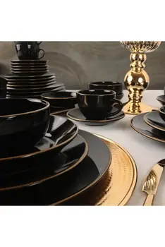 Juodojo Aukso Vakarienė Set 30 Gabalų 6 Žmonės, 6 Sriuba bowl - 6 Vakarienės Lėkštės 6 Tortas Plokštė - 6 Paslaugų Plokštės - 9cm 300ml Puodeliai x6 - 