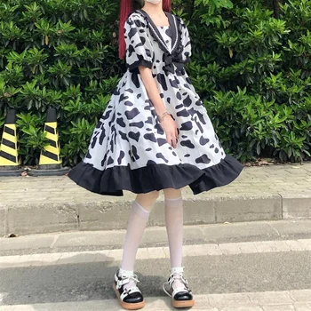 QWEEK Karvė Spausdinti Kawaii Lolita Stiliaus Suknelė Moterims Vasaros Saldus Japonų Stiliaus Sailor Apykaklės Mielas Pieno Pynimas Suknelė Minkštas Mergaitės - 