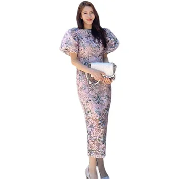 Reljefiniai Rankovės Gėlių Ilgos Suknelės Vasarą Prancūzų Stiliaus Atsitiktinis Palaidų Juosmens Žemyn Slim Padalinta Šviesa Lady Kepti Mados Suknelės E97 - 