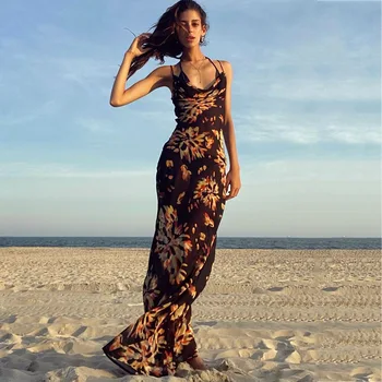 Gėlių Bohemijos Suknelė Retro Gėlių Spausdinti Dirželis Backless Suknelė Elegantiškas Mados Moterų Vasaros Slim Long Beach Suknelės Vestido Mujer - 
