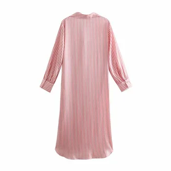 2021 ZA Rožinis Dryžuotas Marškinėliai Suknelė Moterims ilgomis Rankovėmis Ruching Pavasario 