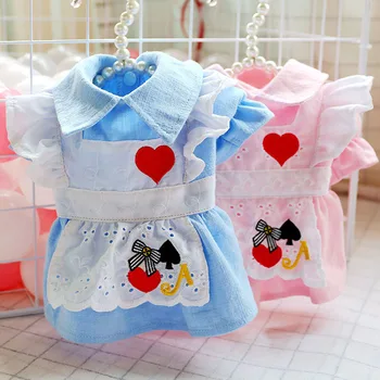 Cute Kačių Suknelė Rožinės Spalvos Mėlyna Šunų Drabužius Burbulas Rankovės Širdies Išsiuvinėti Princesės Mergina Čihuahua Corgi Marškiniai, Sijonas, Ravėjimas Suknelė - 
