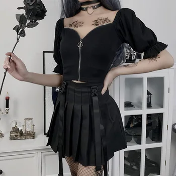 Juoda Tamsiai Goth Moteris Sexy marškinėliai 2020 Lady Atidaryti Dygsnio Aikštėje Apykaklės Užtrauktukas Sluoksniuotos Rankovėmis Hipster Marškinėlius Gothic Punk Trumpas Viršų - 