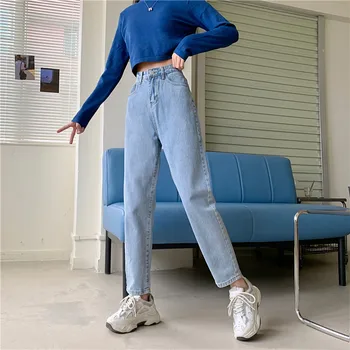 High Waisted Džinsai Moterims, Tiesios Kojos Džinsai Kelnės Apačioje Vintage Mados Drabužių Streetwear Mėlyna Juoda 2021 M. Pavasarį - 