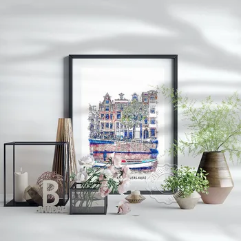 Akvarelė Miesto Nyderlandai Amsterdamas Plakatas, Nyderlandų Peizažas Art Print, Amsterdamo Pasaulio Kelionių Sienų Lipdukai Namų Meno Dekoro - 