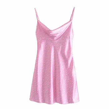 Za 2021 Rožinė Satino Gėlių Spausdinti Mini Suknelės Moterims Vasaros Seksualus Reguliuojamas Plonas Dirželiai Suknelė Mados Šaliai Atgal Zip Moteriška Suknelė - 