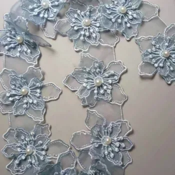 1 kiemuose Mėlyna 8cm Pearl Gėlių Išsiuvinėti Nėriniai Apdailos Juostelės Gėlių Aplikacijos Audinio Lopai 