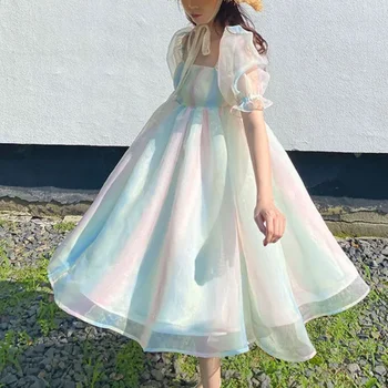 Vasaros Vaivorykštė Saldus Pasakų Suknelė Moterims Korėjos-Line Off Turėtų Elegantiškas Midi Suknelė, Prašmatnus Gazas Paplūdimio Gegužinė Šalis Suknelė 2021 - 