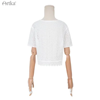 ARTKA 2021 m. Vasarą Naujosios Medvilnės Elegantiškas Baltas Trumpas Megztinis Marškinėliai Tuščiaviduriai iš Nėrinių trumpomis Rankovėmis Megztinis Moterims WA20019C - 