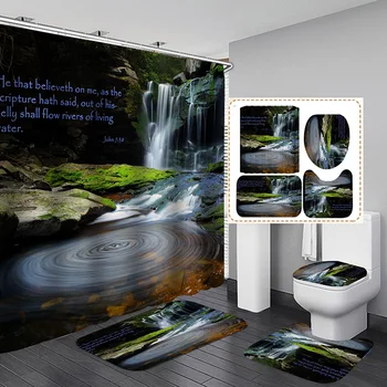 Krioklys Medžio Ežero 3D Peizažai Vandeniui Dušo Užuolaidos Vonios kambarys Kraštovaizdžio Gėlių Vonios Kilimėlis Nustatyti Pjedestalo Kilimas Dangčio Tualeto Dangtis - 