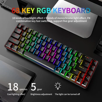 Žaidimų Mechaninė Klaviatūra USB Laidinio 68 klavišus su RGB Apšvietimu Raudona/Mėlyna Perjungti Klaviatūros Anti-šešėlius PC Gamer Kompiuteris - 