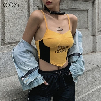 KLALIEN spausdinimo camisole moterys vasarą 2020 m sexy high street apkarpyti viršūnes juoda geltona Kratinys mados paprasta estetinės marškinėliai - 