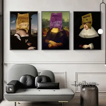 Humoras Juokingas Plakatas Mona Lisa Derliaus Meno Tapybos Drobės Šiaurės Retro Modulinės Nuotrauką Ant Sienos, Namo Apdailos Kambarį - 
