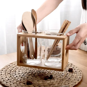 Japonija Stiliaus Stiklo Lazdelės Konteineriai su Mediniais Turėtojas Virtuvės Šaukštu, Puodai Konteinerių Namų Virtuvėje Saugojimo Organizatorius - 