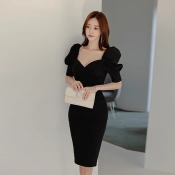 2021Spring Vasaros Elegantiškas Oficialų Office Lady Suknelė Vintage Black crossover v-kaklo Sluoksniuotos rankovėmis Verslo Suknelė - 