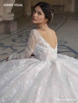 Naujausias Vestuvių Suknelė Kamuolys Suknelė Nėriniai Visą Rankovėmis Ir Giliai V-Kaklo Iškirpte Open-Back Plius Dydžio Nuotakos Suknelė 2021 Vestidos De Novia - 