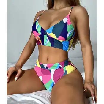 Mossha Spalvotų seksualus bikini komplektas Bandeau aukšto juosmens bikini 