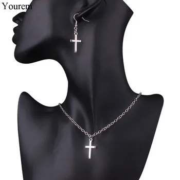 YOUREM nerūdijančio plieno grandinės minimalistinio atsitiktinis kryžiaus karoliai moterų kryžiaus auskarai papuošalai nustatyti, antikvariniai sidabro spalvos pakabukas - 
