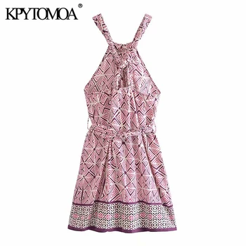 KPYTOMOA Moterų 2021 Mados Su Diržo Geometrinis Spausdinti Mini Apynasrio Suknelė Vintage Backless Platus Dirželiai Moterų Suknelės, Vestidos - 