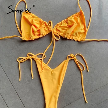 Simplee Seksualus string maudymosi kostiumėlį moteris plisuotos bikini komplektas Brazilijos mikro bikinis mujer Geltonas maudymosi kostiumėliai moterims, Mini maudymosi kostiumas - 