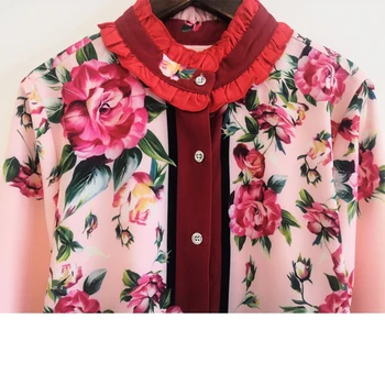 2021 m. pavasarį, rudenį moterims, elegantiška Susiėmę marškinėliai pink gėlių spausdinti kilimo ir tūpimo tako palaidinė jauna mergina kokybės marškinėliai - 