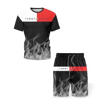 Vyriški sportiniai tiktų marškinėliai + šortai treniruotės drabužius 2-piece set liepsnos raidžių 3D kūrybos spausdinimas trumparankoviai sportinę aprangą - 