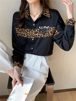 2021 M. Rudenį Leopardas Spausdinti Satino Marškinėliai Moterims Sujungimas Ilgomis Rankovėmis Pasukite Žemyn Apykaklės Palaidinė Korėjos Mados Drabužių Office Ponios - 