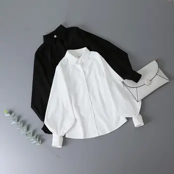 Deeptown Žibintų Rankovėmis Palaidinė Moterims, Elegantiškas 2021 Korėjos Stiliaus Pavasario Ponios Išjunk Pritvirtinti Ilgomis Rankovėmis Marškinėliai Baltas Juodas - 