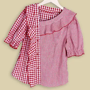 2021 Naujas Mados Vasaros Moterų Marškiniai, Elegantiškas Trumpas Sluoksniuotos Rankovėmis V-Kaklo Palaidinė Korėjos Moterų Atsitiktinis Palaidų Plaid Marškinėliai Topai L293 - 