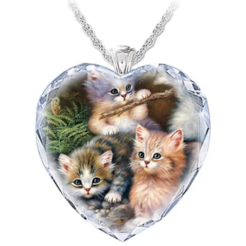 Širdies Formos Kristalų, Stiklo Trys Kačiukai Mielas Pakabukas Karoliai Moterų Papuošalų Mados Metalo Gyvūnų Reikmenys Moterų Dovanos - 