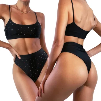 2021 Moterų Sexy Bikini Rankovių Diržas Viršūnes, apatinės Kelnės, maudymosi kostiumėlį Klasikinis Tuščiaviduris, Plikas Midriff Dviejų vienetų Komplektas Paplūdimio Drabužiai - 