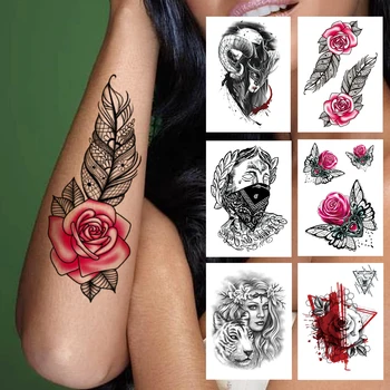 Plunksnų Gėlių, Rožių Laikinos Tatuiruotės Moterys Vyrai Suaugusiųjų Užmaskuotas Gangsteris Tatuiruotės Lipdukas 